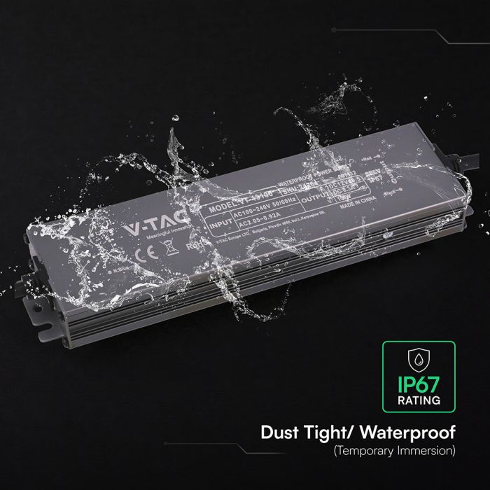 V-TAC VT-13100 100W LED barošanas bloks, 12V DC, 8,3A, 100–240V AC, IP67, metāla korpuss, 219x50x25mm, 2 gadu garantija
