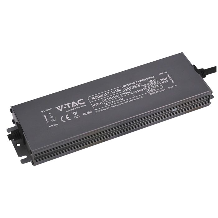 V-TAC VT-13150 150W LED barošanas bloks, 12V DC, 12,5A, 176–264V AC, IP67, metāla korpuss, 224x65x25mm, 2 gadu garantija
