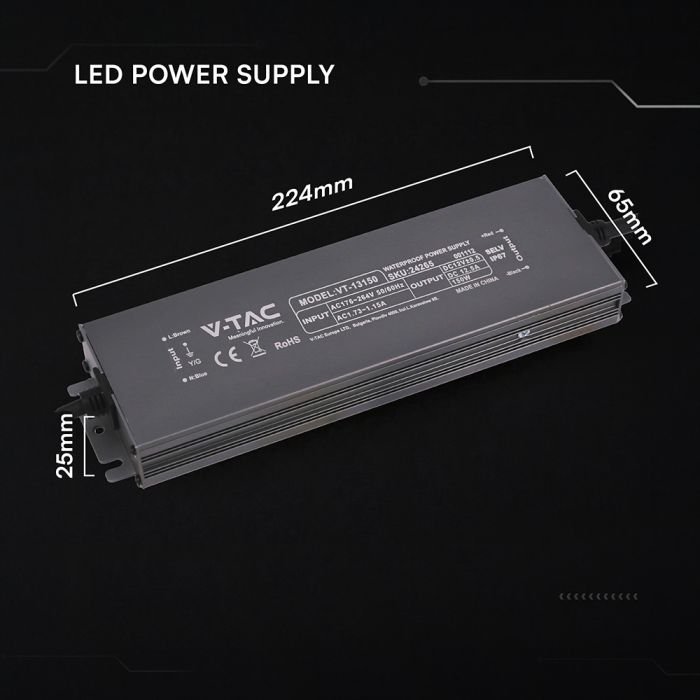 V-TAC VT-13150 150W LED barošanas bloks, 12V DC, 12,5A, 176–264V AC, IP67, metāla korpuss, 224x65x25mm, 2 gadu garantija