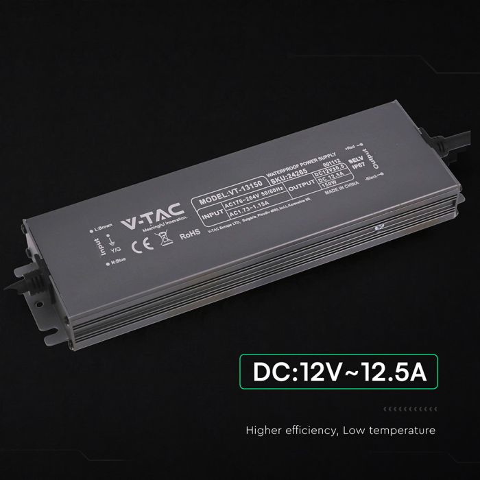 V-TAC VT-13150 150W LED barošanas bloks, 12V DC, 12,5A, 176–264V AC, IP67, metāla korpuss, 224x65x25mm, 2 gadu garantija