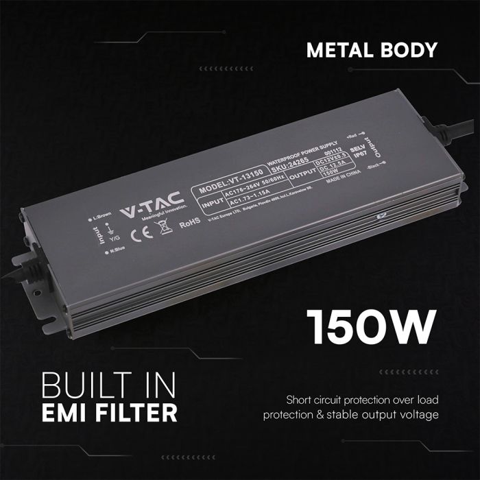 V-TAC VT-13150 150W LED barošanas bloks, 12V DC, 12,5A, 176–264V AC, IP67, metāla korpuss, 224x65x25mm, 2 gadu garantija