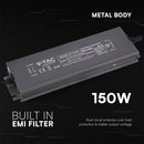 V-TAC VT-13150 150W LED barošanas bloks, 12V DC, 12,5A, 176–264V AC, IP67, metāla korpuss, 224x65x25mm, 2 gadu garantija