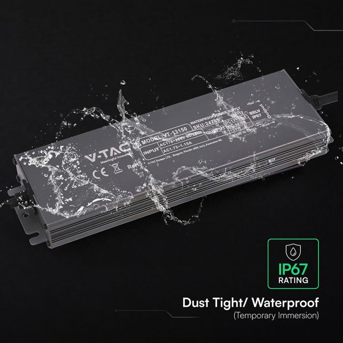 V-TAC VT-13150 150W LED barošanas bloks, 12V DC, 12,5A, 176–264V AC, IP67, metāla korpuss, 224x65x25mm, 2 gadu garantija