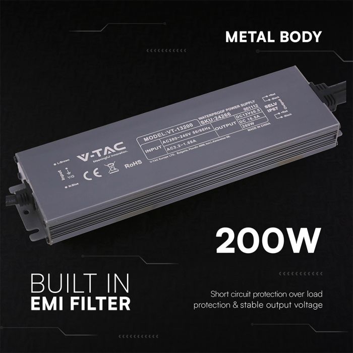 12V 16.5A 200W LED barošanas bloks, V-TAC, IP67, metāla