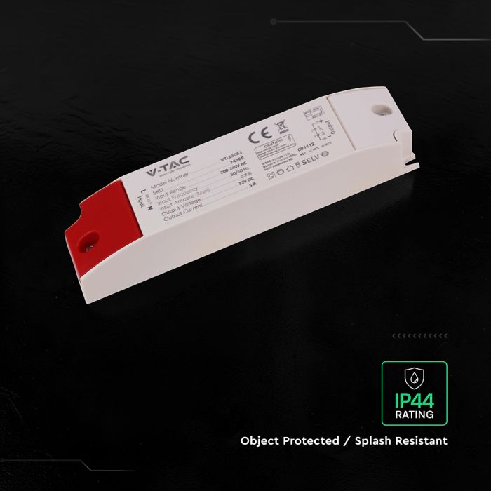 V-TAC LED barošanas bloks 60 W, 12 V, 5 A plastmasas korpusā ar IP44 aizsardzību