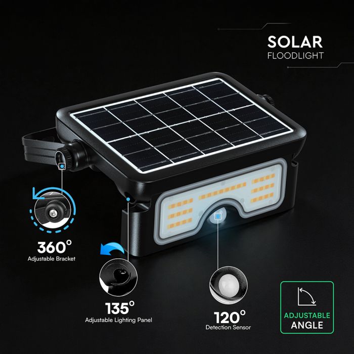 7W(900Lm) LED solārais prožektors ar PIR kustību sensoru, V-TAC, IP65