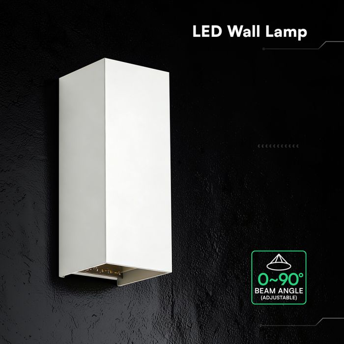 10W(1250Lm) LED āra sienas gaismeklis, V-TAC VT-120112-W, SMD, 125Lm/W, IP65, IK06, balts, 71x71x171mm, regulējams 0–90°, 2 gadu garantija, 3in1 gaisma 2700K/3200K/4000K
