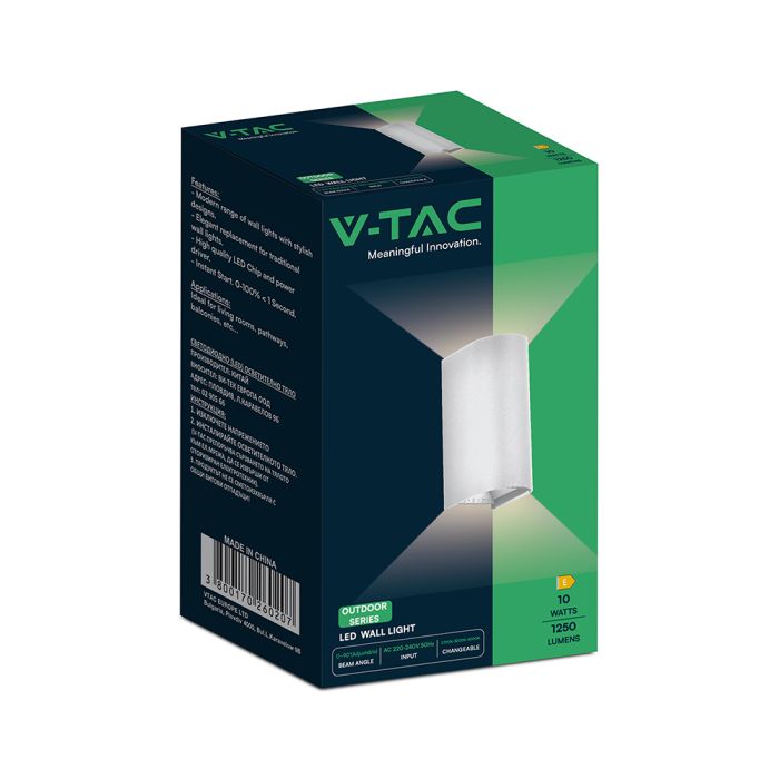 10W(1250Lm) LED āra sienas gaismeklis, V-TAC VT-120113-W, SMD, 125Lm/W, IP65, IK06, balts, cilindrisks, 71x96x171mm, regulējams 0–90°, 2 gadu garantija, 3in1 gaisma 2700K/3200K/4000K