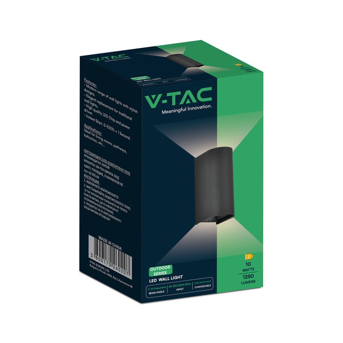 10W(1250Lm) LED āra sienas gaismeklis, V-TAC VT-120113-B, SMD, 125Lm/W, IP65, IK06, melns, cilindrisks, 71x96x171mm, regulējams 0–90°, 2 gadu garantija, 3in1 gaisma 2700K/3200K/4000K