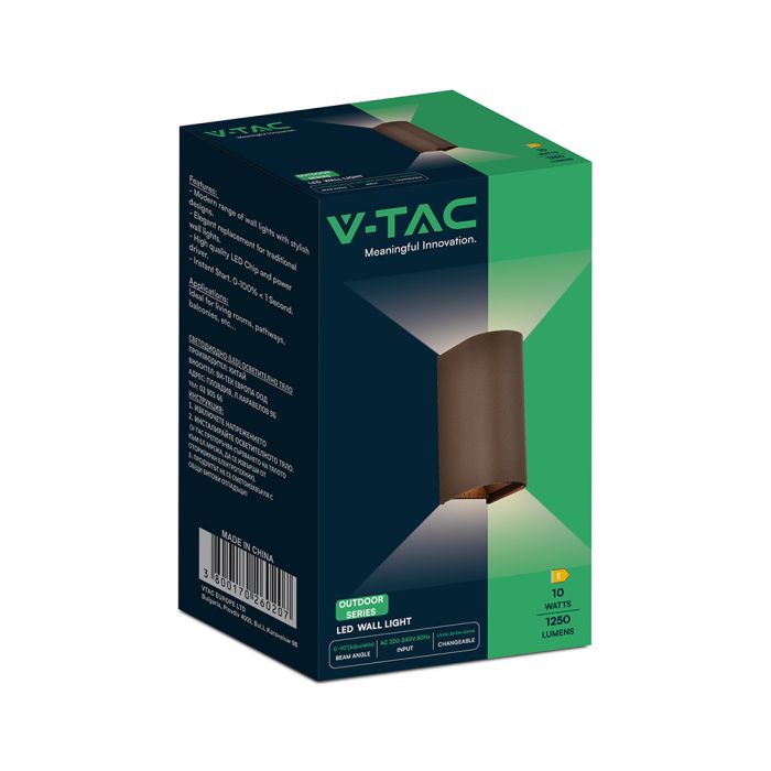 10W(1250Lm) LED āra sienas gaismeklis, V-TAC VT-120113-C, SMD, 125Lm/W, IP65, IK06, Corten brūns, cilindrisks, 71x96x171mm, regulējams 0–90°, 2 gadu garantija, 3in1 gaisma 2700K/3200K/4000K