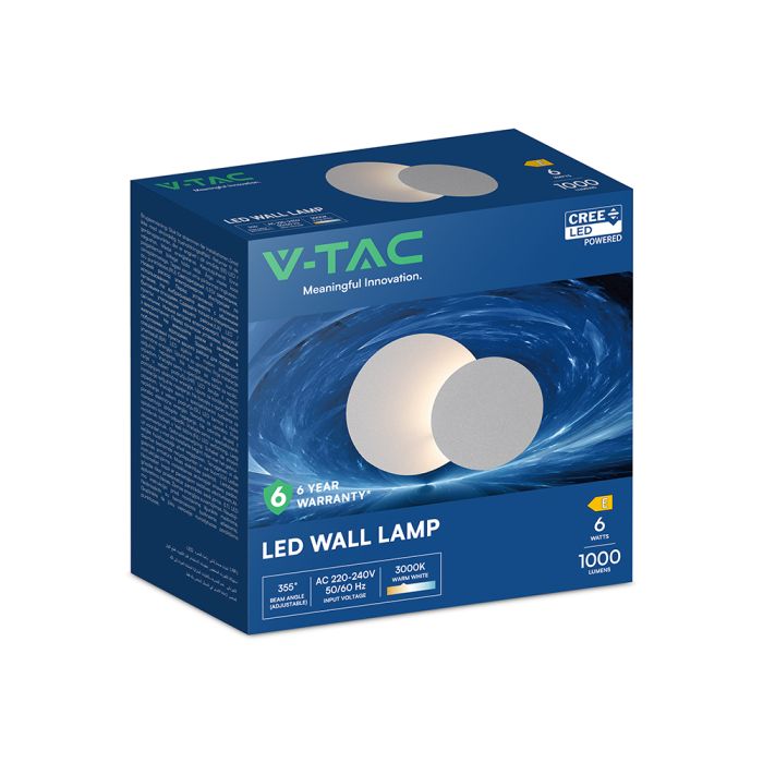 6W(1000Lm) LED sienas gaismeklis, V-TAC VT-120009, CREE SMD, ~167Lm/W, IP20, IK06, balts, Ø180x73mm, regulējams 355°, 6 gadu garantija, silti balta gaisma 3000K