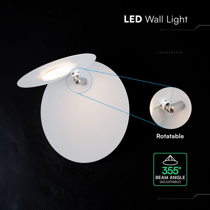 6W(1000Lm) LED sienas gaismeklis, V-TAC VT-120009, CREE SMD, ~167Lm/W, IP20, IK06, balts, Ø180x73mm, regulējams 355°, 6 gadu garantija, silti balta gaisma 3000K