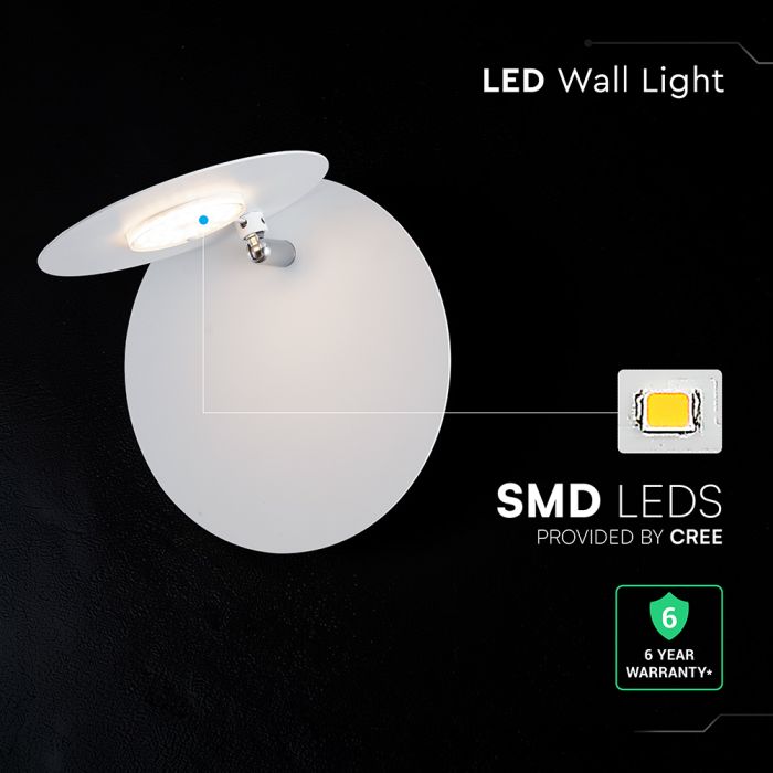 6W(1000Lm) LED sienas gaismeklis, V-TAC VT-120009, CREE SMD, ~167Lm/W, IP20, IK06, balts, Ø180x73mm, regulējams 355°, 6 gadu garantija, silti balta gaisma 3000K