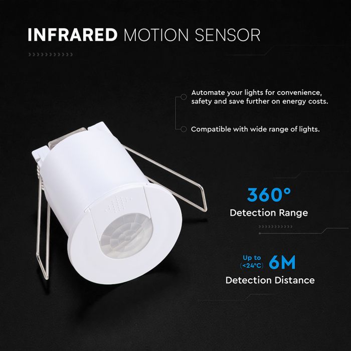 V-TAC VT-8153 iebūvējams infrasarkanais PIR kustības sensors, 360°, līdz 6 m, 400W LED, IP20, balts, 53x65,6mm, 220–240V, 5 gadu garantija
