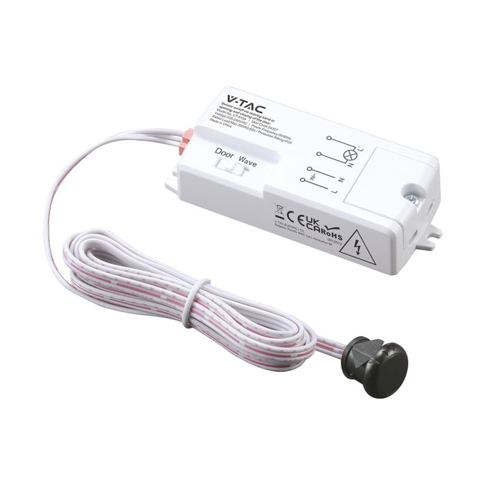V-TAC VT-8159 2-in-1 infrasarkanais bezkontakta rokas kustības un durvju sensors, LED līdz 200W, 220–240V, 5A, 5–6cm, IP20, balts, 78,2x35,5x20,4mm, 5 gadu garantija