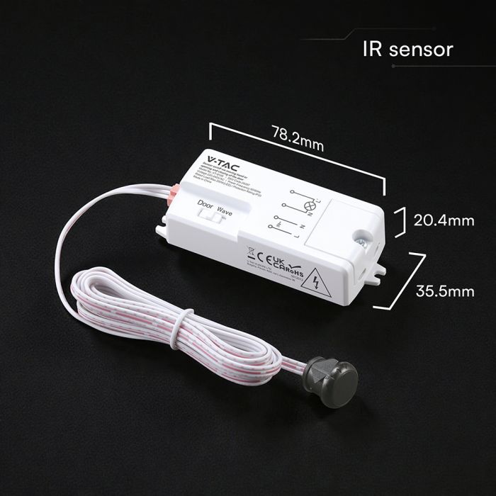 V-TAC VT-8159 2-in-1 infrasarkanais bezkontakta rokas kustības un durvju sensors, LED līdz 200W, 220–240V, 5A, 5–6cm, IP20, balts, 78,2x35,5x20,4mm, 5 gadu garantija