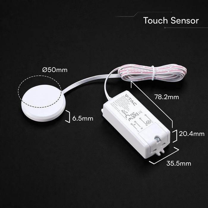 V-TAC VT-8165 skāriensensors LED apgaismojumam, līdz 600W, 220–240V, 6A, darbība caur koku vai stiklu līdz 40mm, IP20, balts, 78,2x35,5x20,4mm, 5 gadu garantija