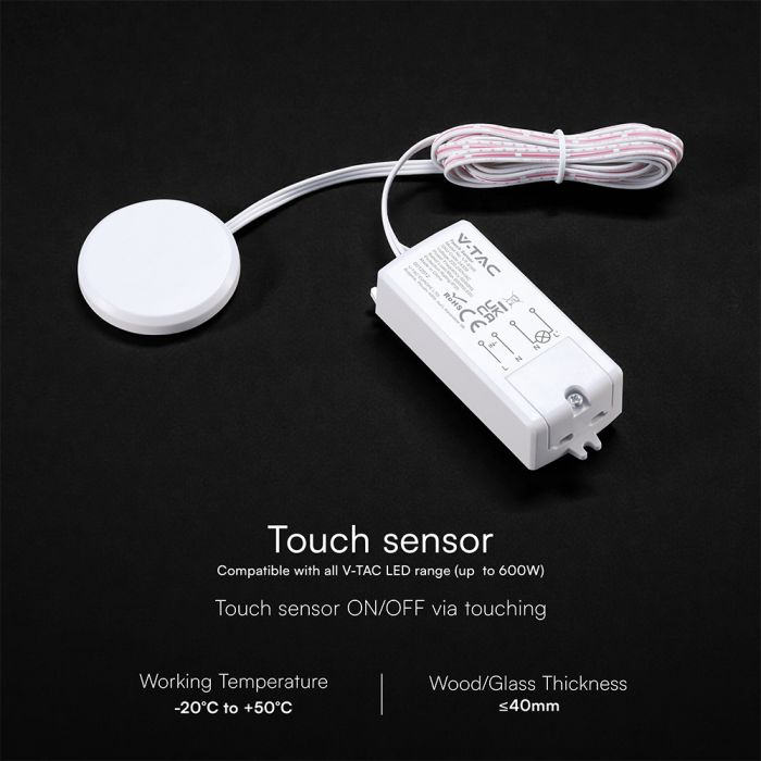 V-TAC VT-8165 skāriensensors LED apgaismojumam, līdz 600W, 220–240V, 6A, darbība caur koku vai stiklu līdz 40mm, IP20, balts, 78,2x35,5x20,4mm, 5 gadu garantija