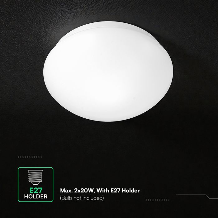 V-TAC VT-8178 ceiling light with microwave motion sensor, 2xE27, max. 2x20W, 220–240V, 180°/360°, IP44, white, Ø277x112.4mm, 5-year warranty