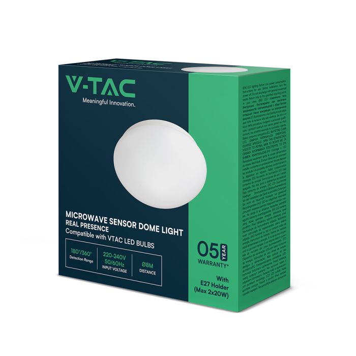 V-TAC VT-8178 griestu gaismeklis ar mikroviļņu kustības sensoru, 2xE27, maks. 2x20W, 220–240V, 180°/360°, IP44, balts, Ø277x112,4mm, 5 gadu garantija