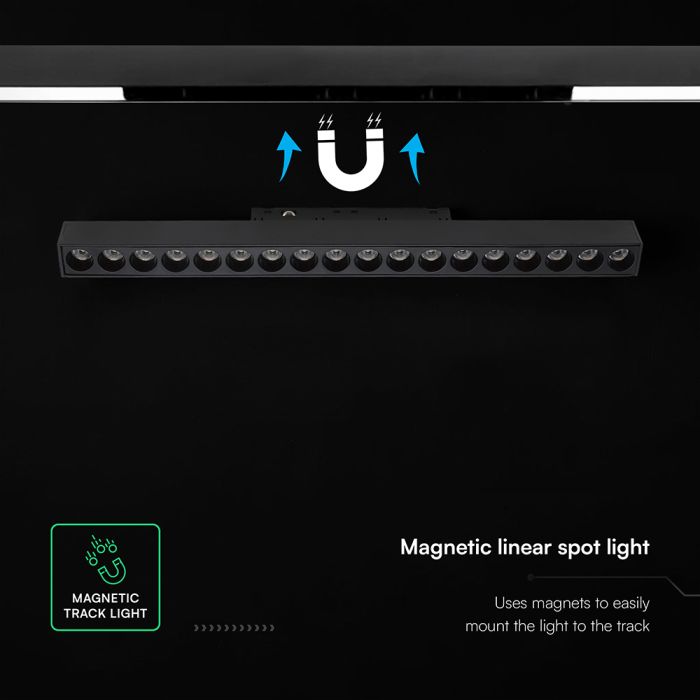 15W LED magnētiskais lineārais grille gaismeklis, 48V, V-TAC VT-41022, IP20, melns, silti balta gaisma 3000K