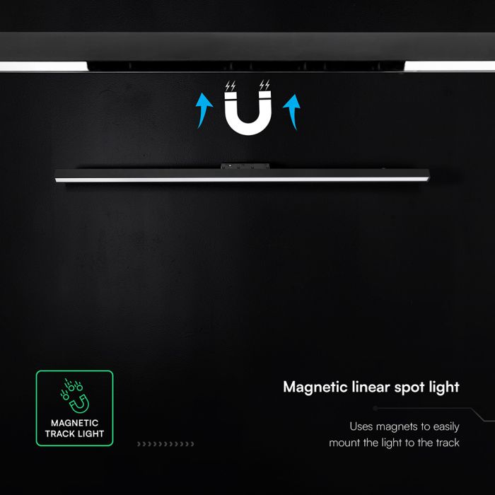 28W LED magnētiskais lineārais flood gaismeklis, 48V, V-TAC VT-41036, IP20, melns, auksti balta gaisma 6400K