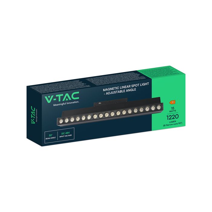 15W LED magnētiskais grozāms spots, 48V, V-TAC VT-41031, IP20, melns, silti balta gaisma 3000K