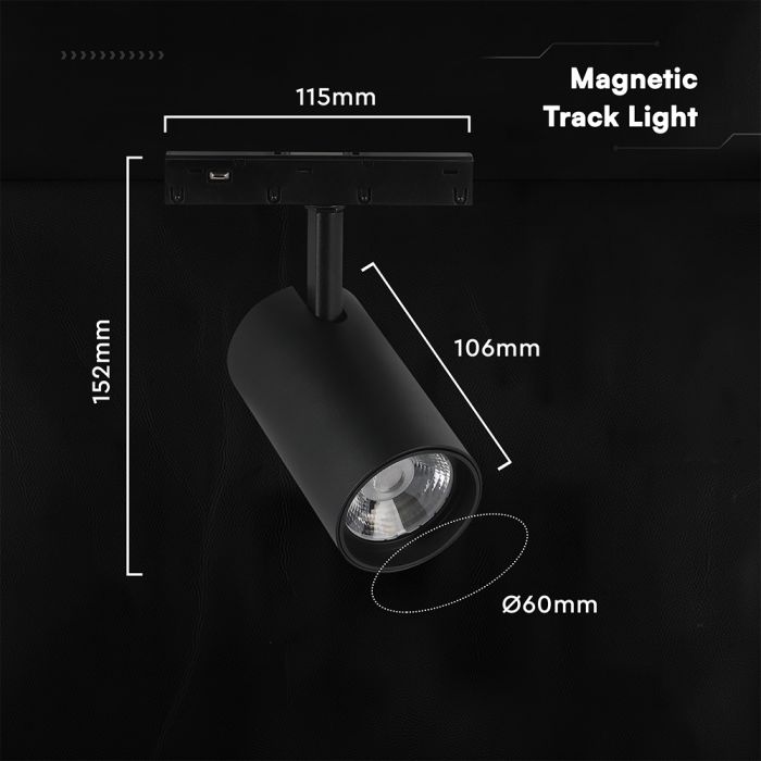 10W LED magnētiskais sliežu gaismeklis (track), 48V, V-TAC VT-40012, IP20, melns, auksti balta gaisma 6400K
