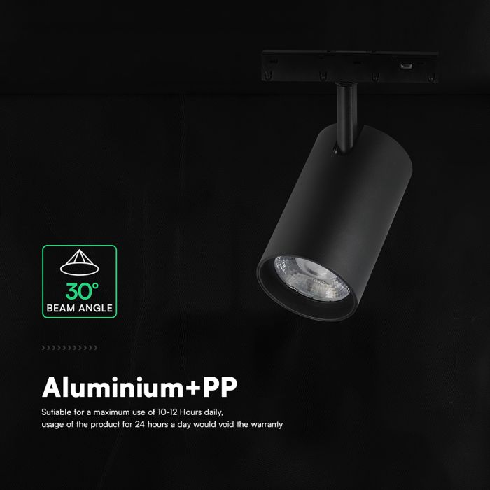 12W LED magnētiskais sliežu gaismeklis (track), 48V, V-TAC VT-40020, IP20, melns, neitrāli balta gaisma 4000K