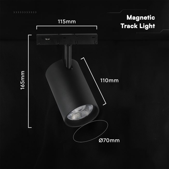 12W LED magnētiskais sliežu gaismeklis (track), 48V, V-TAC VT-40020, IP20, melns, auksti balta gaisma 6400K