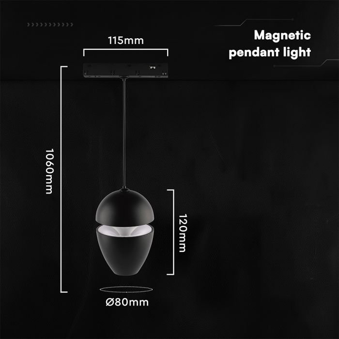 7W(840Lm) LED magnētiskās sliedes piekaramais gaismeklis, V-TAC, SMD, 120Lm/W, 48V DC, IP20, alumīnijs, melns, 115x80x1060mm, 40°, 3 gadu garantija, silti balta gaisma 6400K