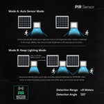 10W LED prožektors ar saules bateriju un PIR kustības sensoru, V-TAC, IP65, silti balta gaisma 3000K