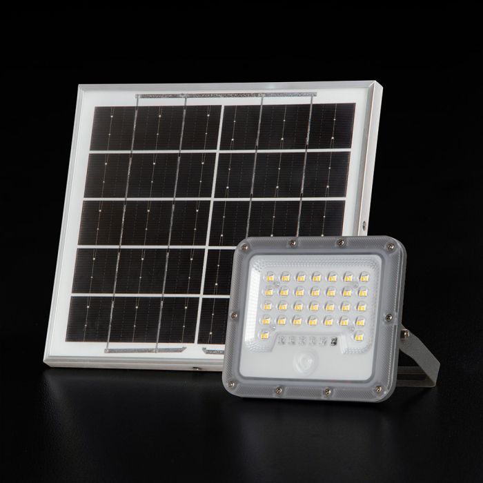 10W LED prožektors ar saules bateriju un PIR kustības sensoru, V-TAC, IP65, silti balta gaisma 3000K