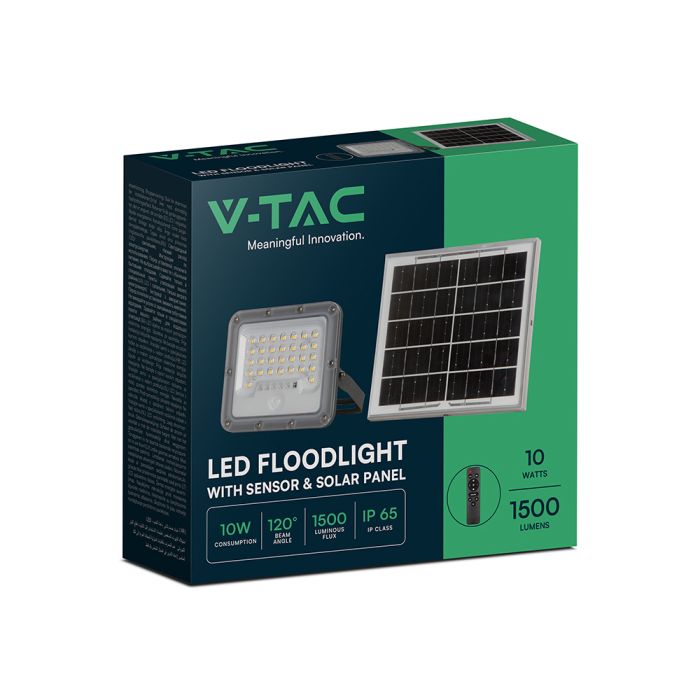 10W LED prožektors ar saules bateriju un PIR kustības sensoru, V-TAC, IP65, silti balta gaisma 3000K
