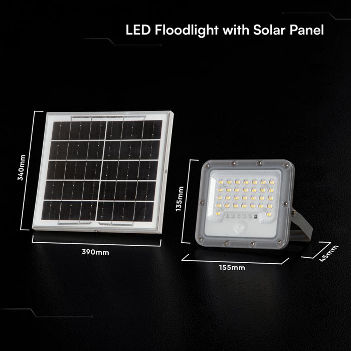 10W LED prožektors ar saules bateriju un PIR kustības sensoru, V-TAC, IP65, silti balta gaisma 3000K