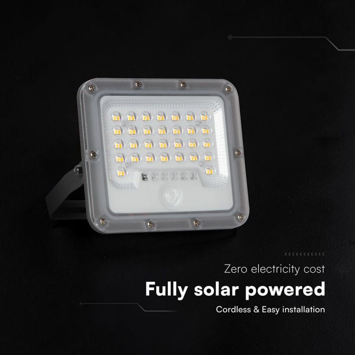 10W LED prožektors ar saules bateriju un PIR kustības sensoru, V-TAC, IP65, silti balta gaisma 3000K