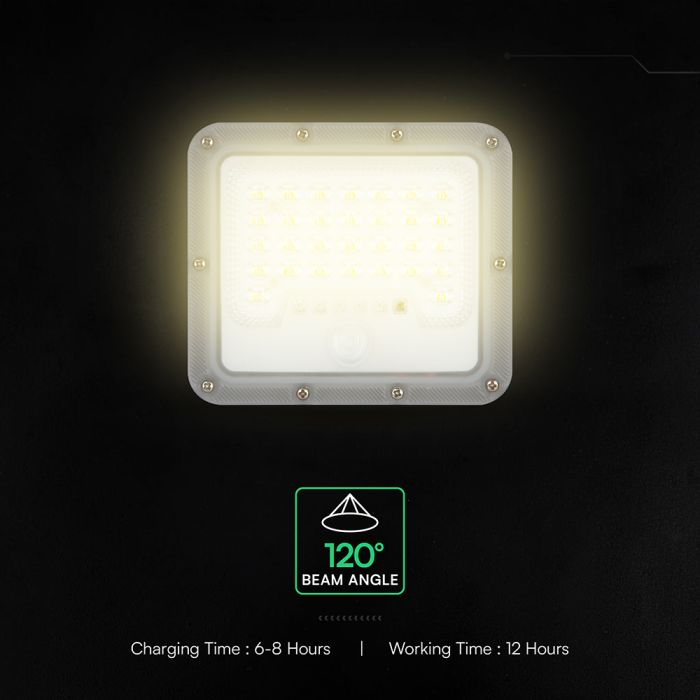 10W LED prožektors ar saules bateriju un PIR kustības sensoru, V-TAC, IP65, silti balta gaisma 3000K