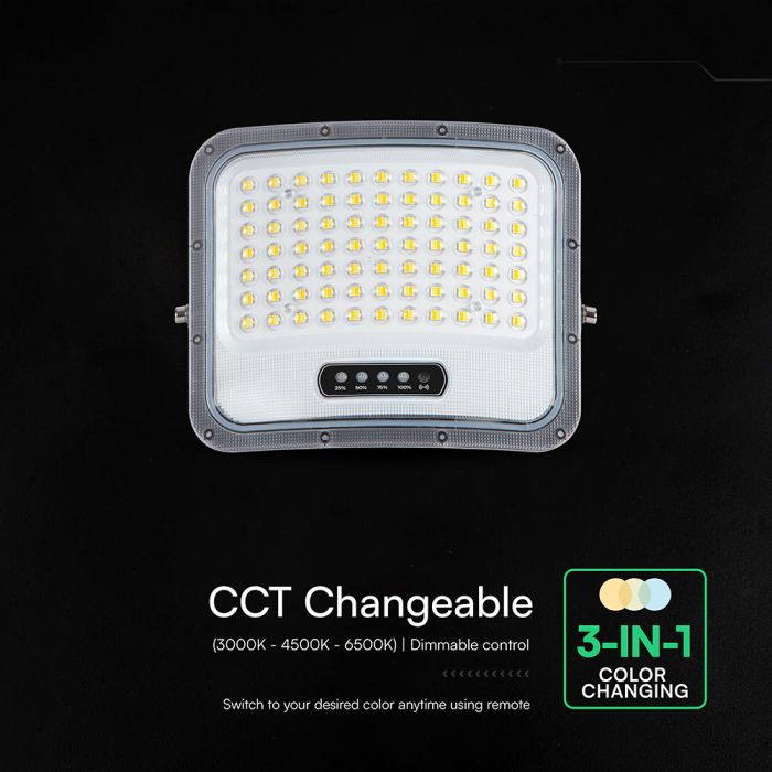 12W LED prožektors ar saules bateriju, 3in1 (3000K/4000K/6500K pārslēdzams), melns panelis, V-TAC, IP65