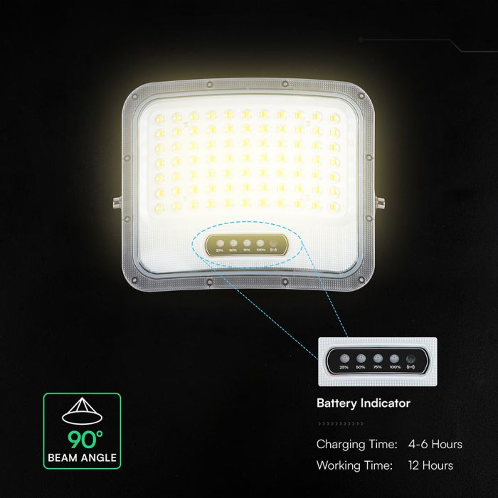 12W LED prožektors ar saules bateriju, 3in1 (3000K/4000K/6500K pārslēdzams), melns panelis, V-TAC, IP65