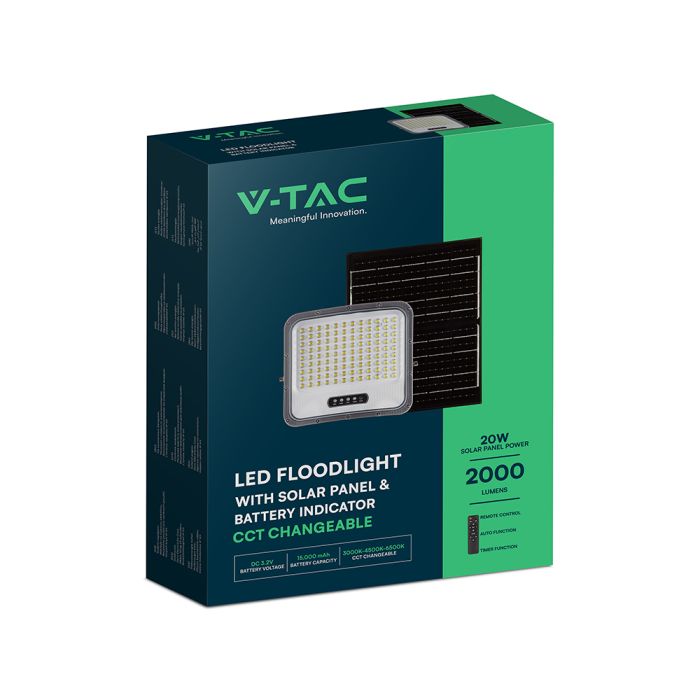 20W LED prožektors ar saules bateriju, 3in1 (3000K/4000K/6500K pārslēdzams), melns panelis, V-TAC, IP65