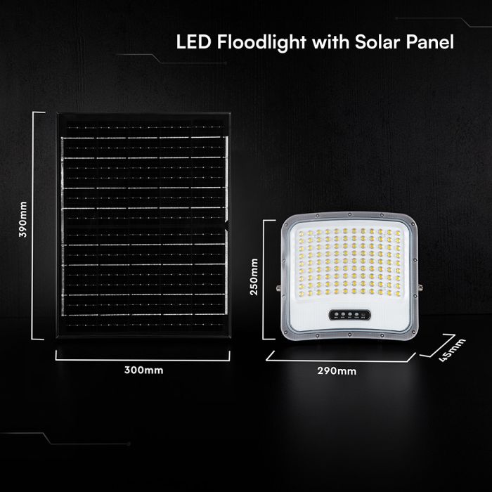 20W LED prožektors ar saules bateriju, 3in1 (3000K/4000K/6500K pārslēdzams), melns panelis, V-TAC, IP65
