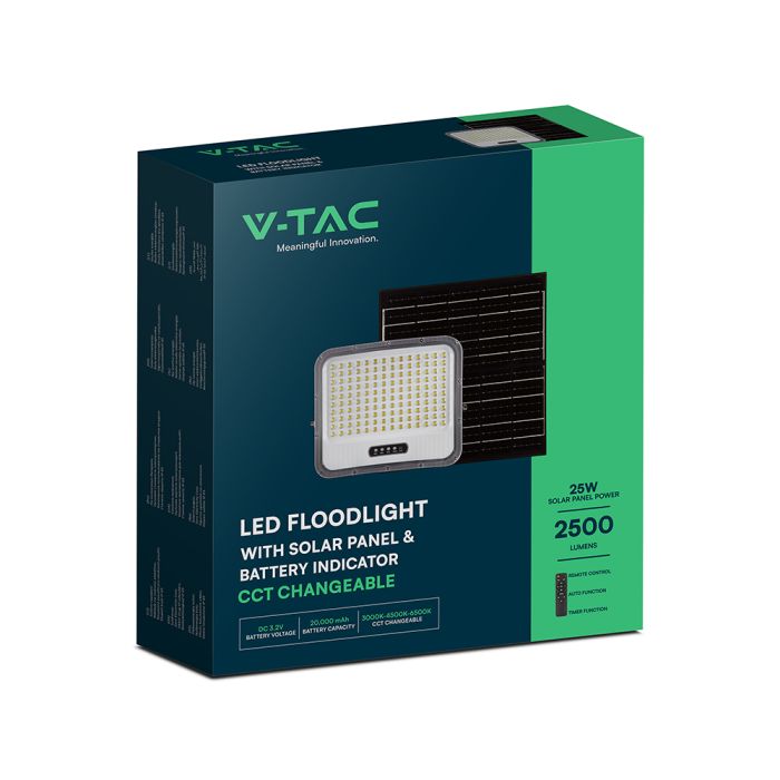 25W LED prožektors ar saules bateriju, 3in1 (3000K/4000K/6500K pārslēdzams), melns panelis, V-TAC, IP65