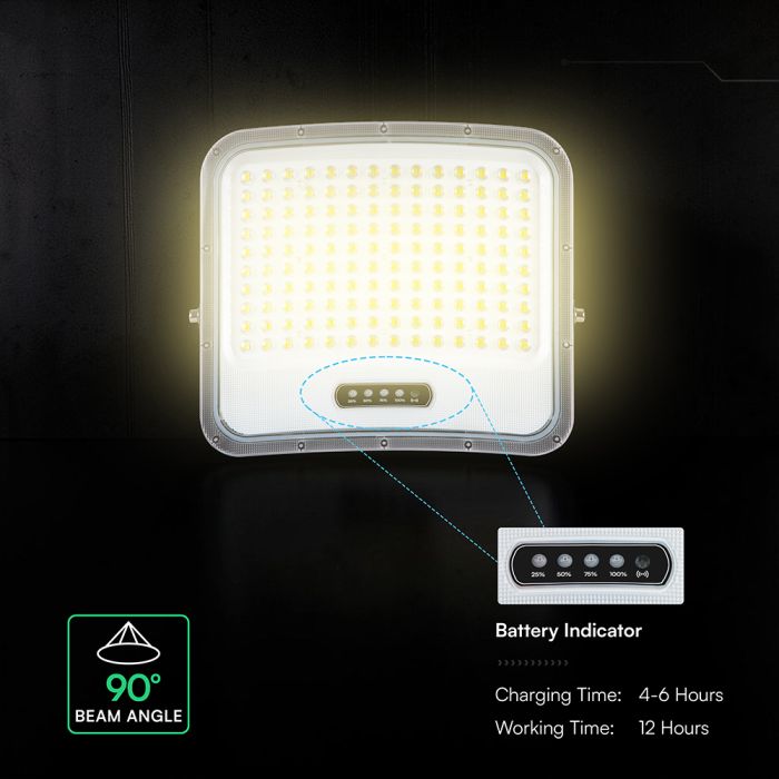 25W LED prožektors ar saules bateriju, 3in1 (3000K/4000K/6500K pārslēdzams), melns panelis, V-TAC, IP65