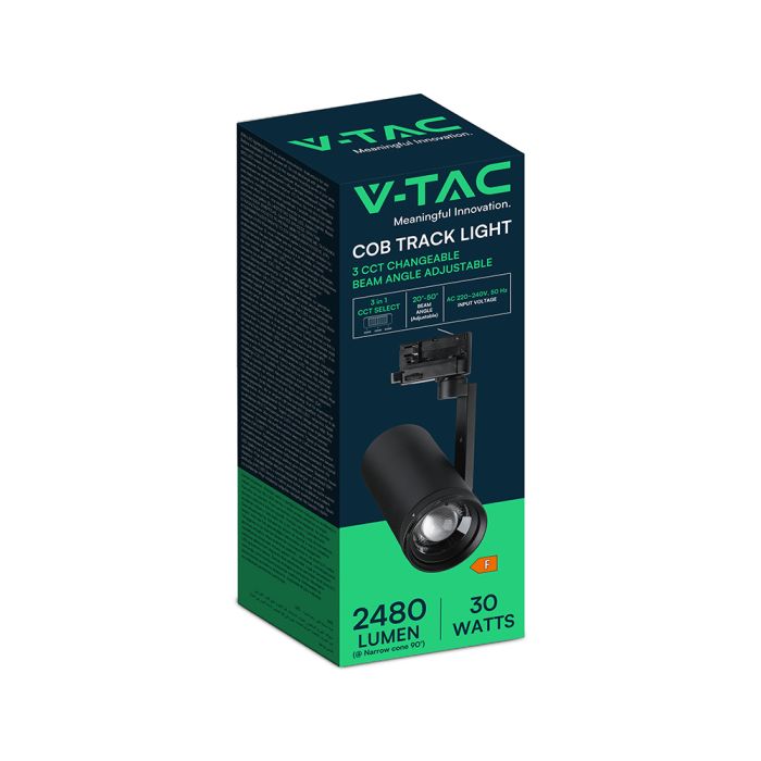 30W LED sliežu prožektors 3 fāžu ar regulējamu staru 25°–50°, CRI80, V-TAC VT-18031CCT, IP20, melns, 3IN1
