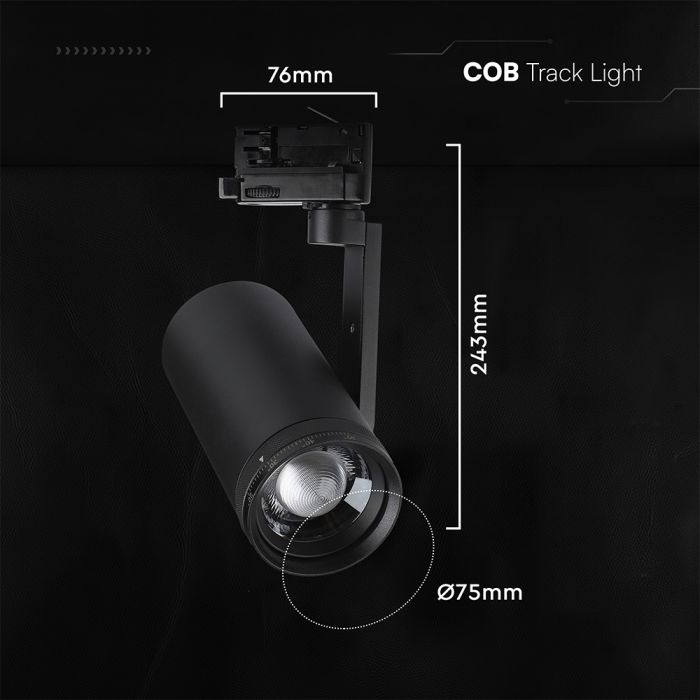 30W LED sliežu prožektors 3 fāžu ar regulējamu staru 25°–50°, CRI80, V-TAC VT-18031CCT, IP20, melns, 3IN1