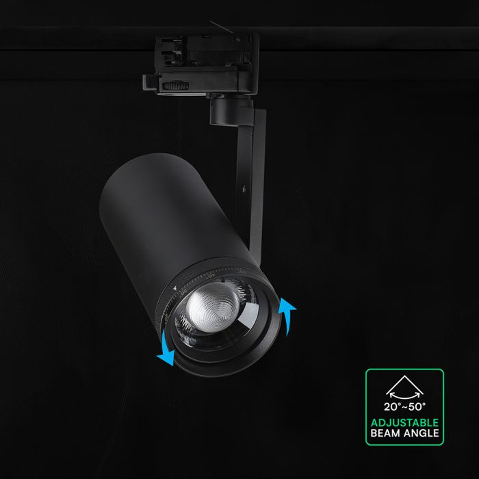 30W LED sliežu prožektors 3 fāžu ar regulējamu staru 25°–50°, CRI80, V-TAC VT-18031CCT, IP20, melns, 3IN1