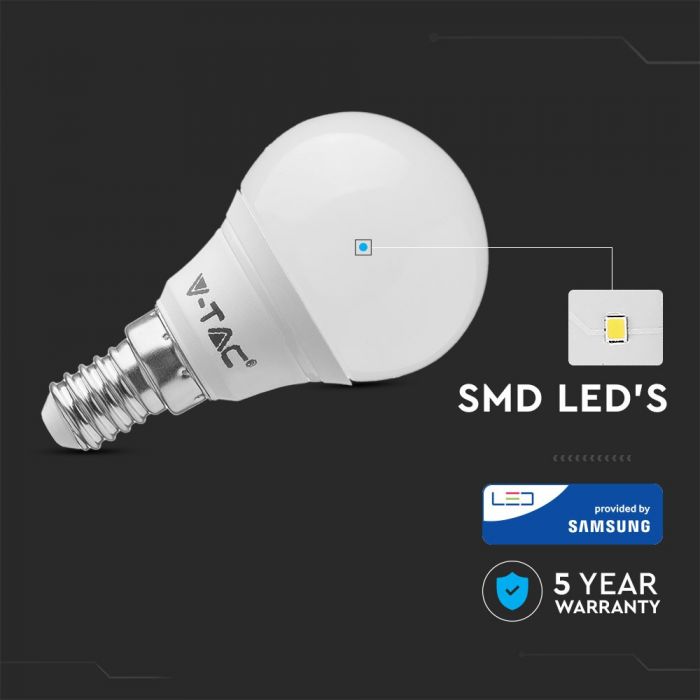 E14 4.5W(470Lm) Светодиодная лампа V-TAC SAMSUNG, гарантия 5 лет, P45, теплый белый свет 3000K