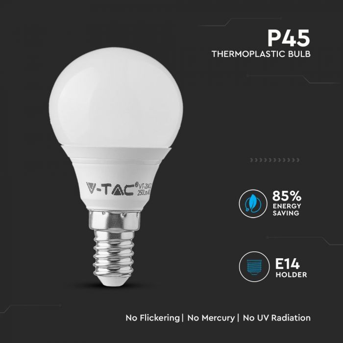 E14 4.5W(470Lm) LED Spuldze V-TAC SAMSUNG, garantija 5 gadi, P45, silti balta gaisma 3000K