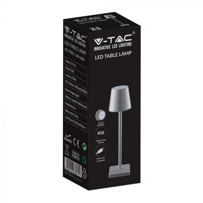 3W(70Lm) LED galda lampa, V-TAC, IP20, pelēka, dimmējama, 5V 1A,  105x390mm, silti balta gaisma 3000K