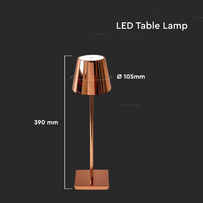 3W(80Lm) LED-bordslampa, V-TAC, IP20, guld, dimbar, 5V 1A, 105x390mm, varmvitt ljus 3000K
